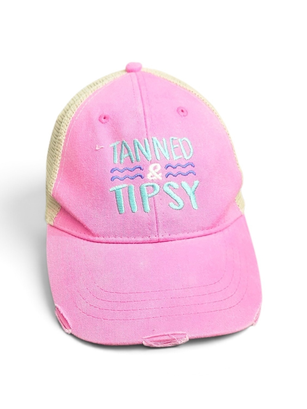 Adams “Tanned & Tipsy” Pink & Beige Trucker Hat – Embroidered Slogan